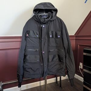 BOSSI Black Cargo Pocket Zip-up Packable Hood Parka Coat Jacket Medium USA